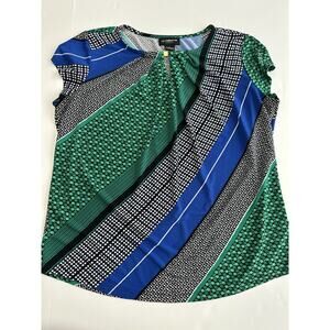 Liz Claiborne Career Blue Green Geometric Print Short Sleeve Blouse Top Large
